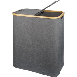 Coffre à linge rectangulaire 50L bambou et polyester gris