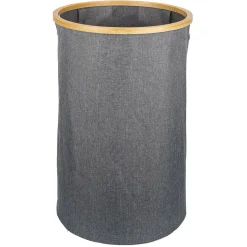 Coffre à linge rond 75L bambou et polyester gris