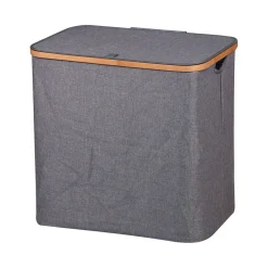 Coffre à linge tissu gris et rebord bambou 73 L