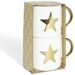 Coffret mug duo empilable étoile céramique blanc et doré 30cl