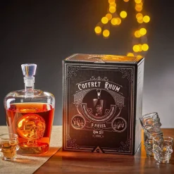Coffret rhum carafe et verre x4 design tête de mort