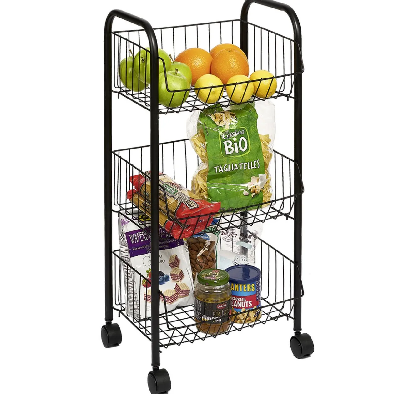 Desserte à roulettes 3 niveaux métal noir