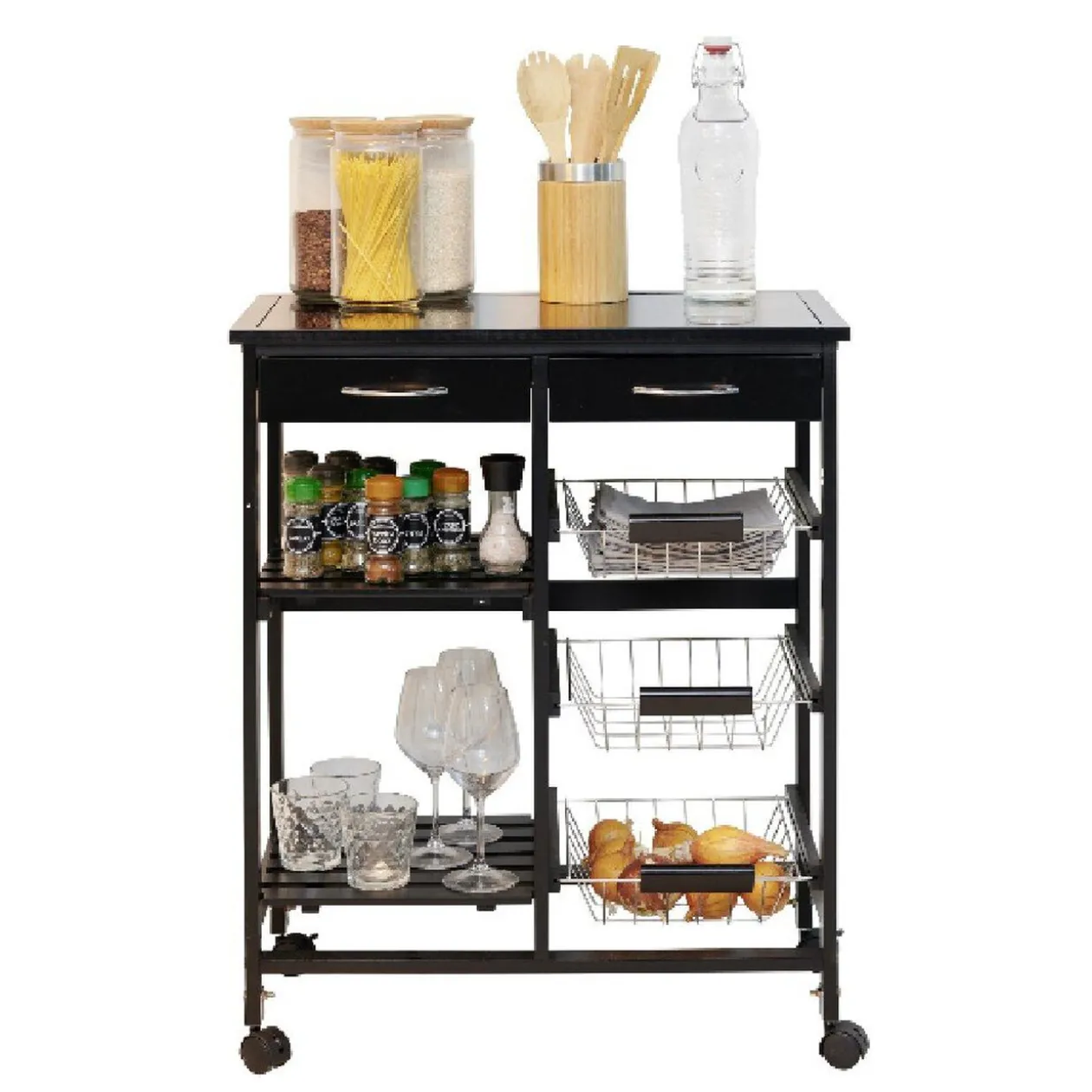 Desserte bistrot sur roulettes étagère panier tiroir bois métal noir