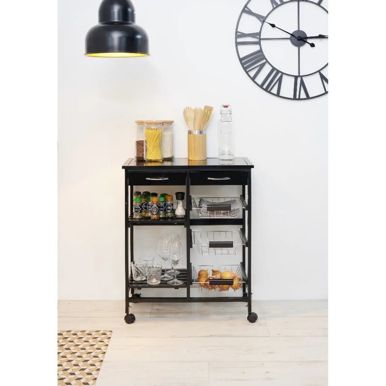 Desserte bistrot sur roulettes étagère panier tiroir bois métal noir