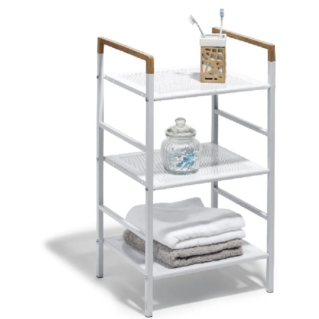 Desserte de salle de bain blanche avec poignées couleur bois