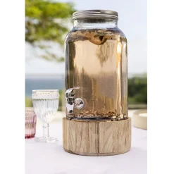 Distributeur de boisson en verre et socle en bois