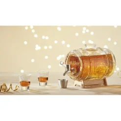 Distributeur de boisson tonneau support bois 1,5 L verres x2