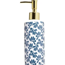 Distributeur de savon céramique motif végétal blanc et bleu Ø6xH15cm