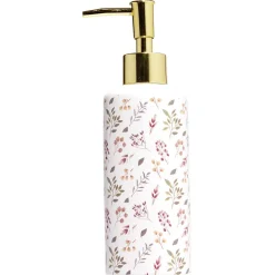 Distributeur de savon céramique motif floral blanc et rose Ø6xH15cm