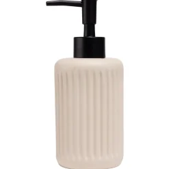 Distributeur de savon plastique rose effet rainuré Ø7,5xH17,5cm