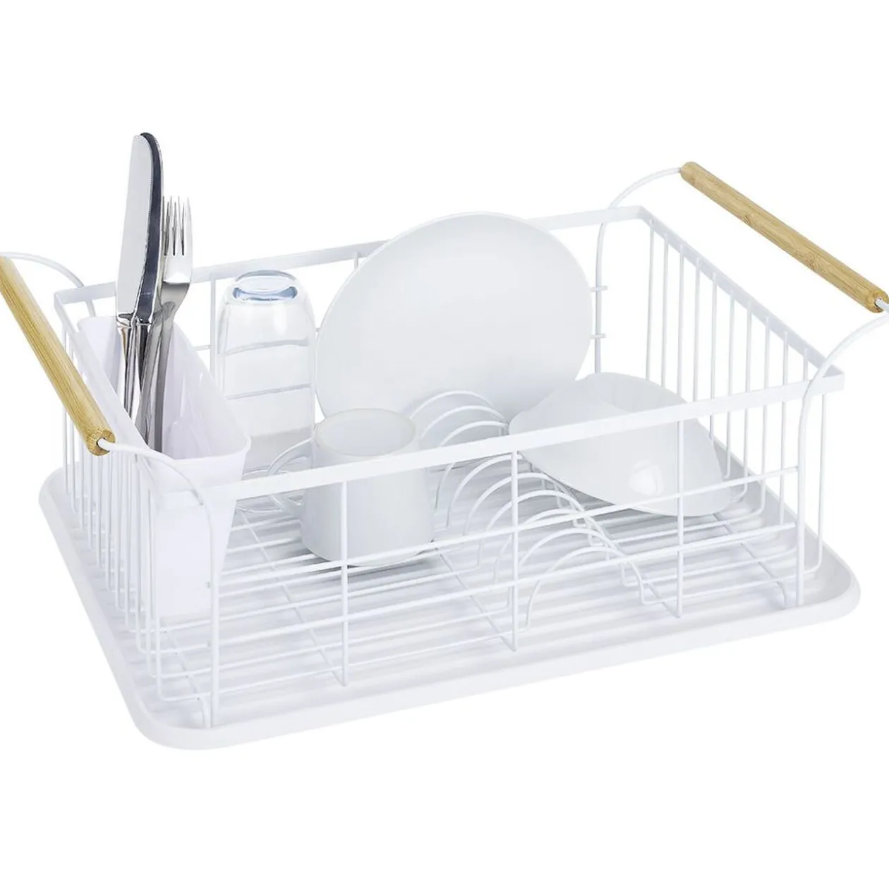 Egouttoir à vaisselle en métal blanc avec poignée en bambou
