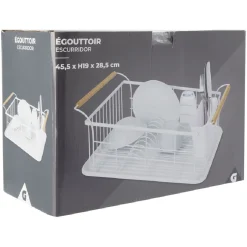 Egouttoir à vaisselle en métal blanc avec poignée en bambou