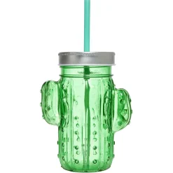 Gobelet en verre avec paille forme cactus ou fraise Ø10xH12,5cm