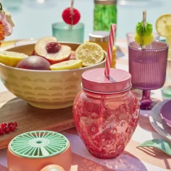 Gobelet en verre avec paille forme cactus ou fraise Ø10xH12,5cm