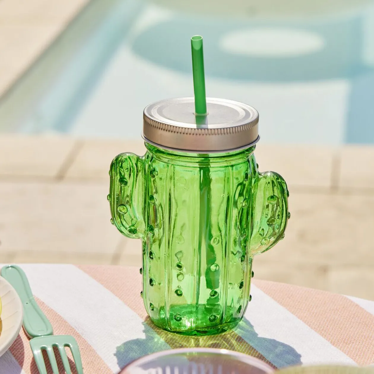 Gobelet en verre avec paille forme cactus ou fraise Ø10xH12,5cm