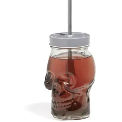 Gobelet en verre forme tête de mort avec paille et couvercle gris