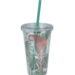 Gobelet plastique et paille décor perroquet exotique