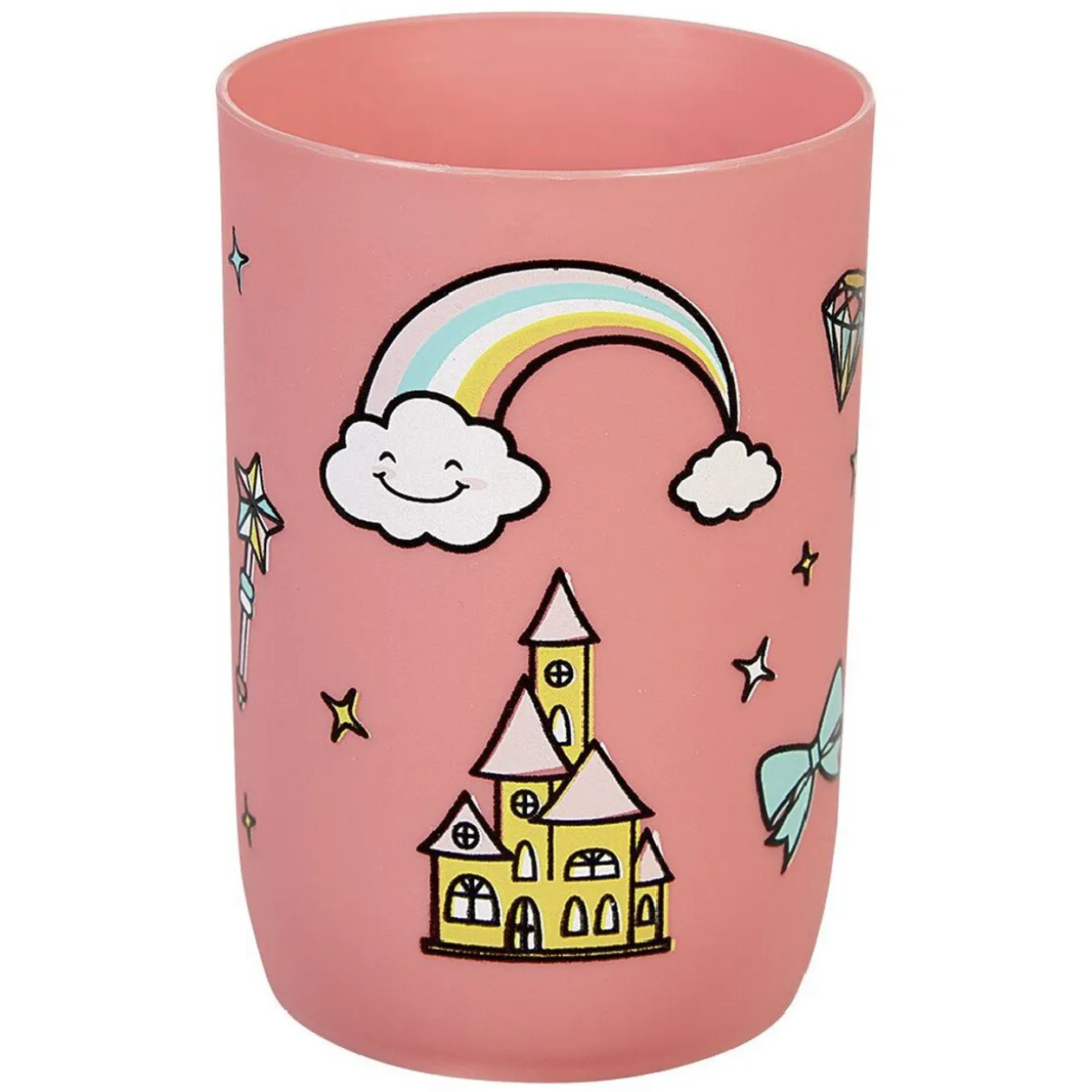 Gobelet salle de bain enfant rose motif château arc-en-ciel