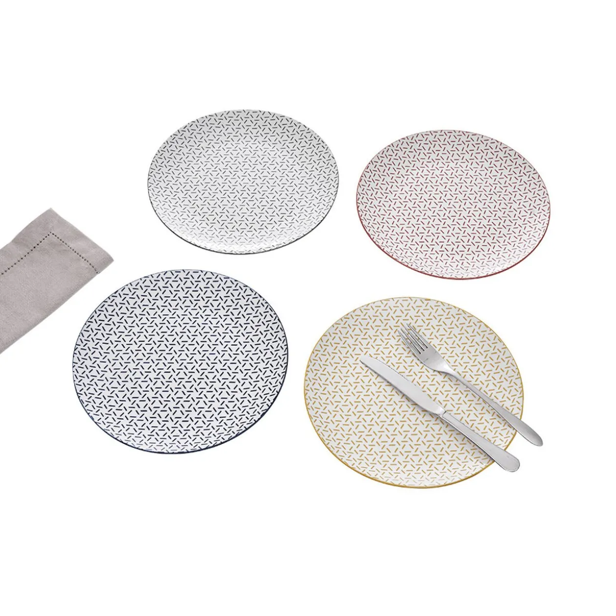 Lot de 4 assiettes plates porcelaine motif trait triangle multicolore Ø24cm