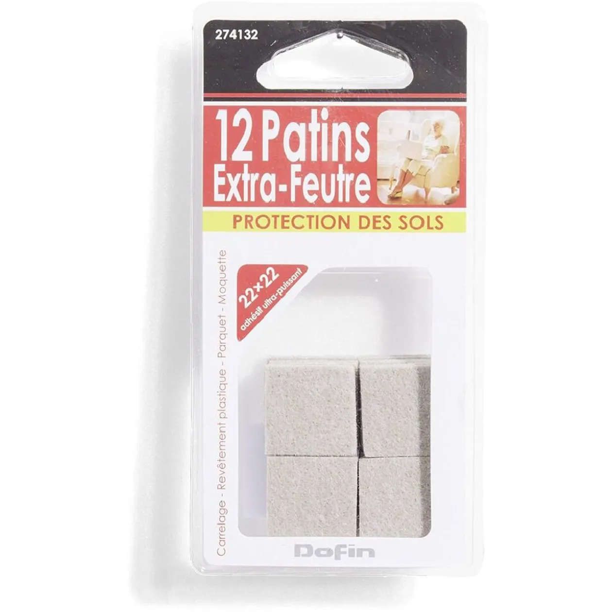 Lot de 12 patins en feutre adhésif ultra puissant - 22x22 mm