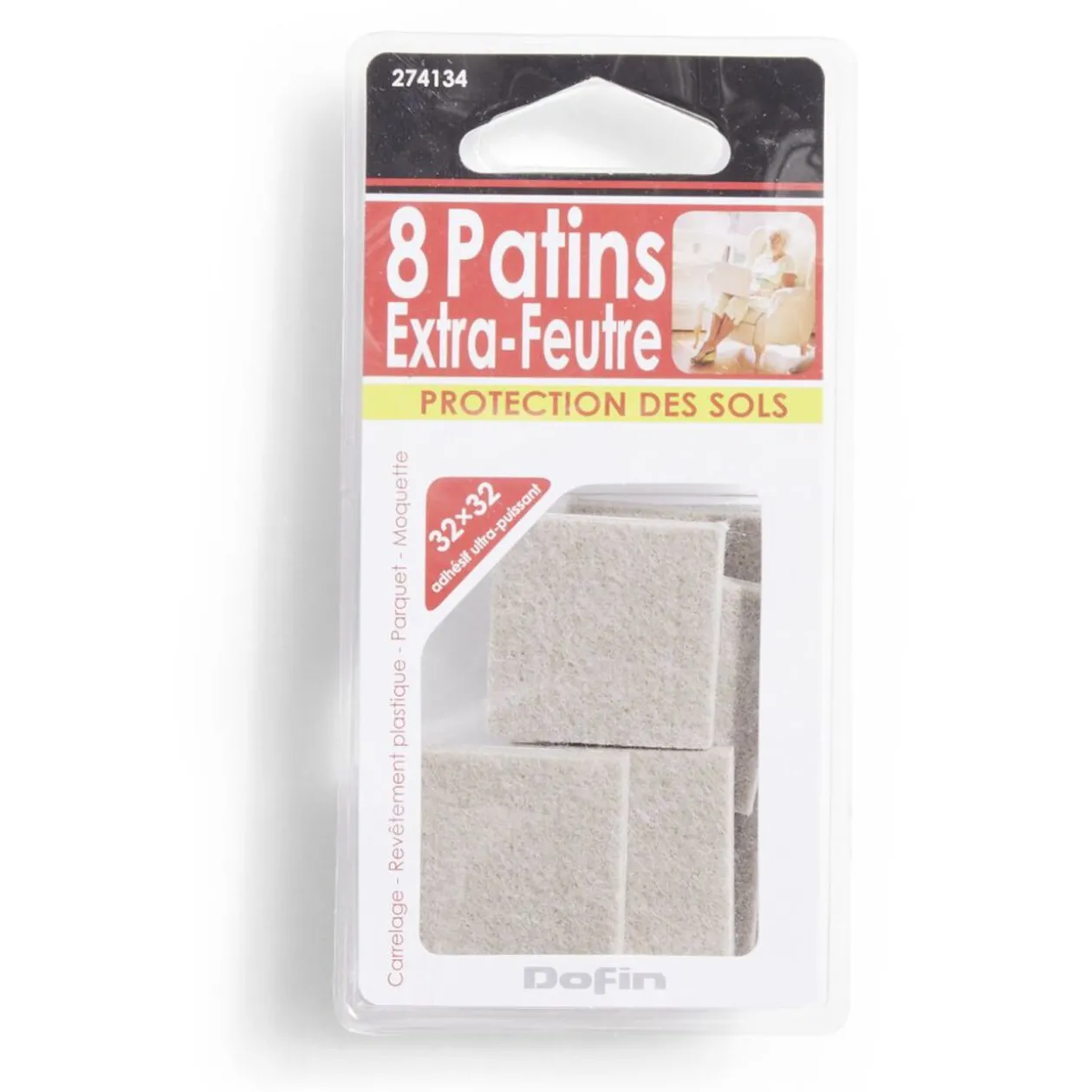 Lot de 8 patins en feutre adhésif ultra puissant - 32x32 mm