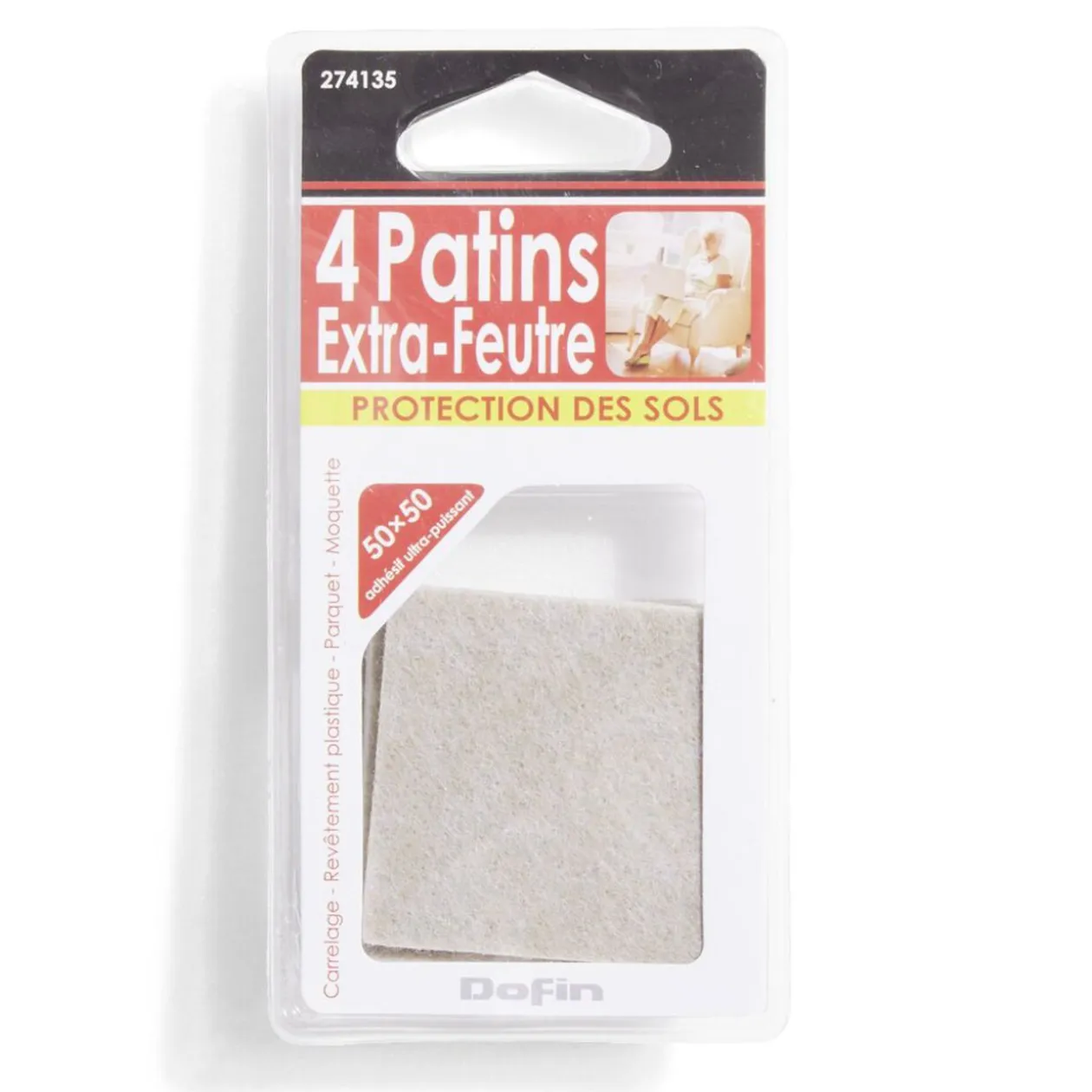 Lot de 4 patins en feutre adhésif ultra puissant - 50x50 mm