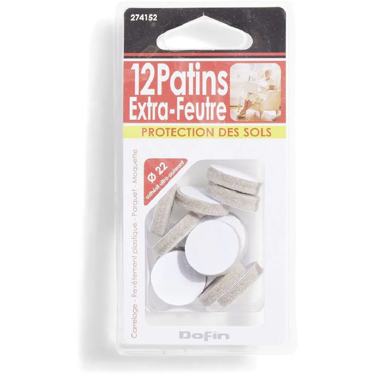 Lot de 12 patins en feutre adhésif ultra puissant beige - Ø22 mm