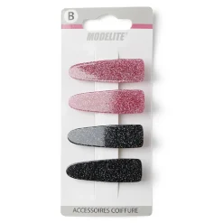 Lot de 4 pinces à cheveux plates crocodile paillettes noir et rose