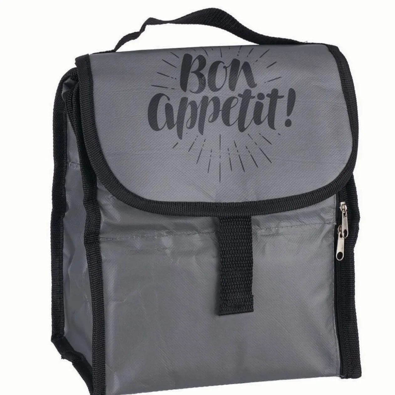 Lunch bag réfrigérant gris et noir inscription Bon Appétit !