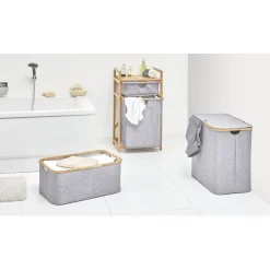 Meuble de rangement tissu gris armature bambou 1 tiroir 1 panière