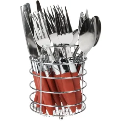 Ménagère 24 pièces avec support inox manche plastique rouge