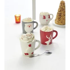 Mug de Noël blanc motif relief tête de renne cornes rouge 37 cl