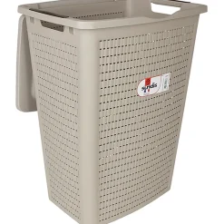 Panier à linge avec poignées et couvercle design rotin taupe 50 L