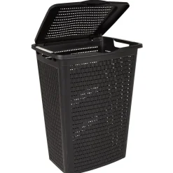 Panier à linge avec poignées et couvercle design rotin noir 50 L