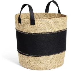 Panière à linge ronde 52L Ø37xH38cm jonc de mer et feutrine noir
