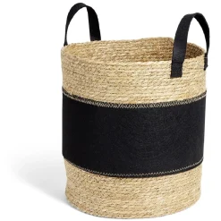 Panière à linge ronde 52L Ø37xH38cm jonc de mer et feutrine noir