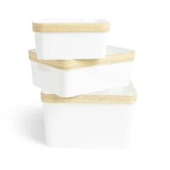 Panière blanche avec rebord imitation bois 35,5x26xH13,5cm