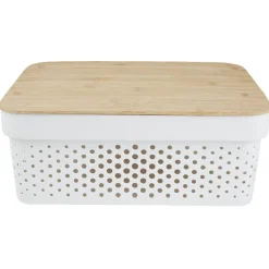 Panière de rangement blanche avec couvercle en bambou