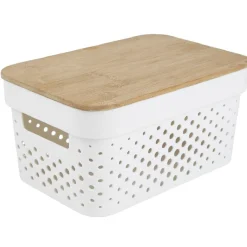 Panière de rangement blanche avec couvercle en bambou petit modèle