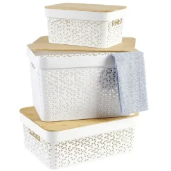Panière de rangement blanche avec couvercle en bambou grand modèle