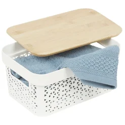 Panière de rangement blanche avec couvercle en bambou moyen modèle