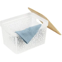 Panière de rangement blanche avec couvercle en bambou moyen modèle