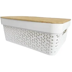 Panière de rangement blanche avec couvercle en bambou petit modèle