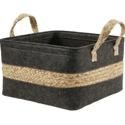 Panière en jonc de mer noir avec bande déco naturel - 32x27xH32 cm