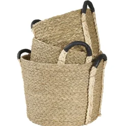 Panière en jonc naturel avec anse effet cuir x3