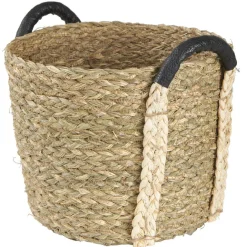 Panière en jonc naturel avec anse effet cuir x3