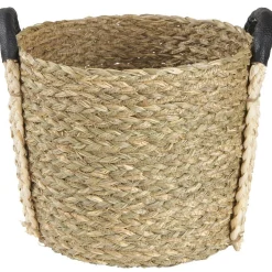 Panière en jonc naturel avec anse effet cuir x3