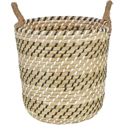 Panière forme seau en jonc de mer naturel blanc noir