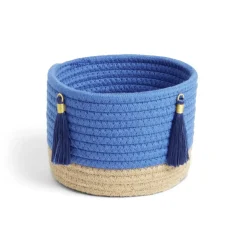 Panière naturelle jute coton beige et bleu Ø16xH14cm