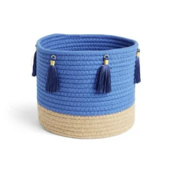 Panière naturelle jute coton beige et bleu Ø22xH20cm